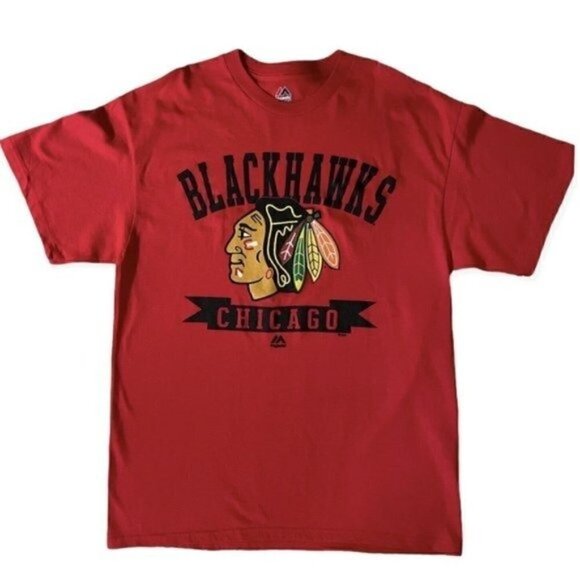 NWT Majestic Chicago Blackhawks Graphic NHL Short Sleeve Red T Men’s L - Picture 1 of 7